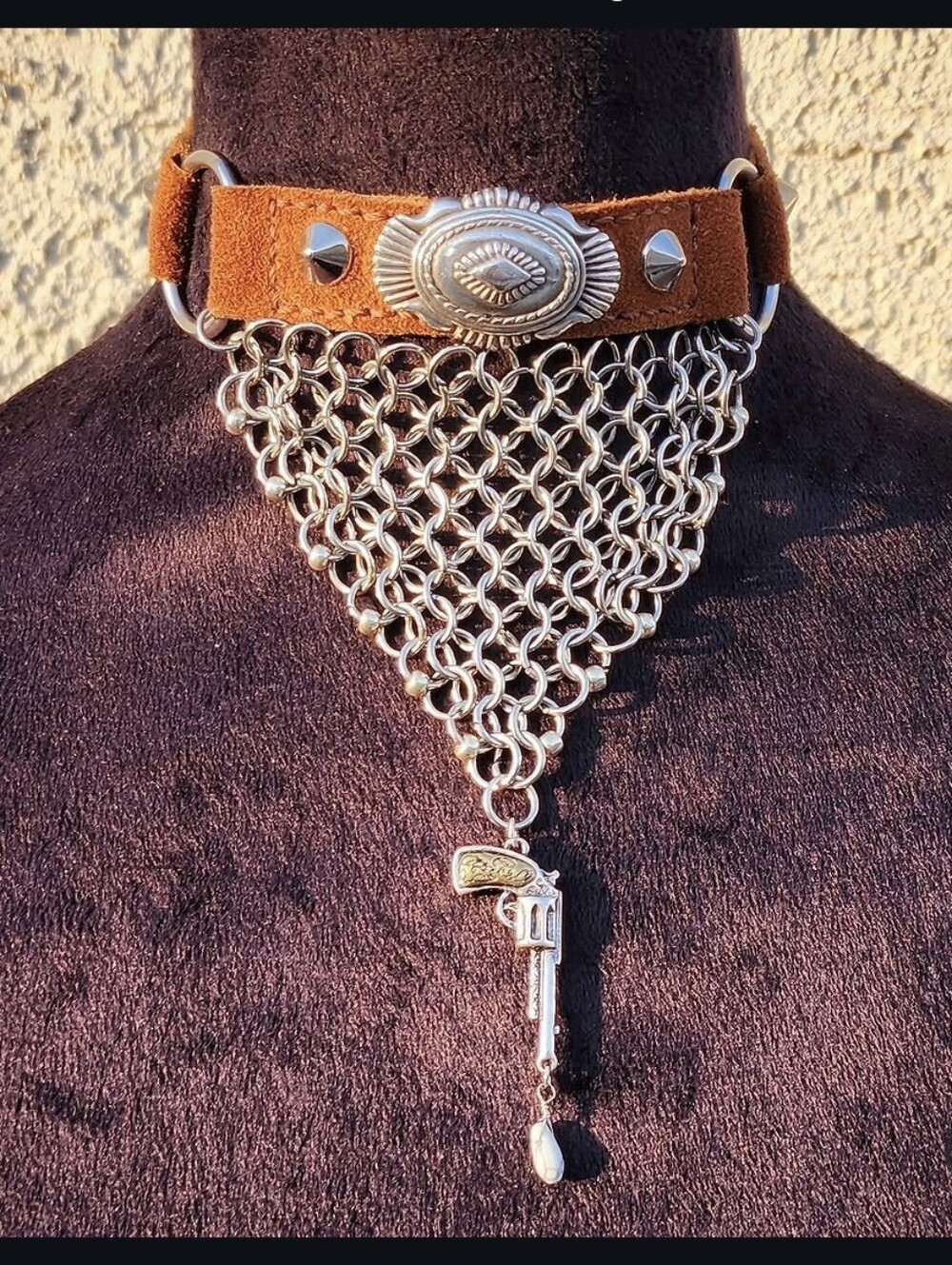 Wicked World Crafts Brown Leather & Silver Chainmaille Choker
